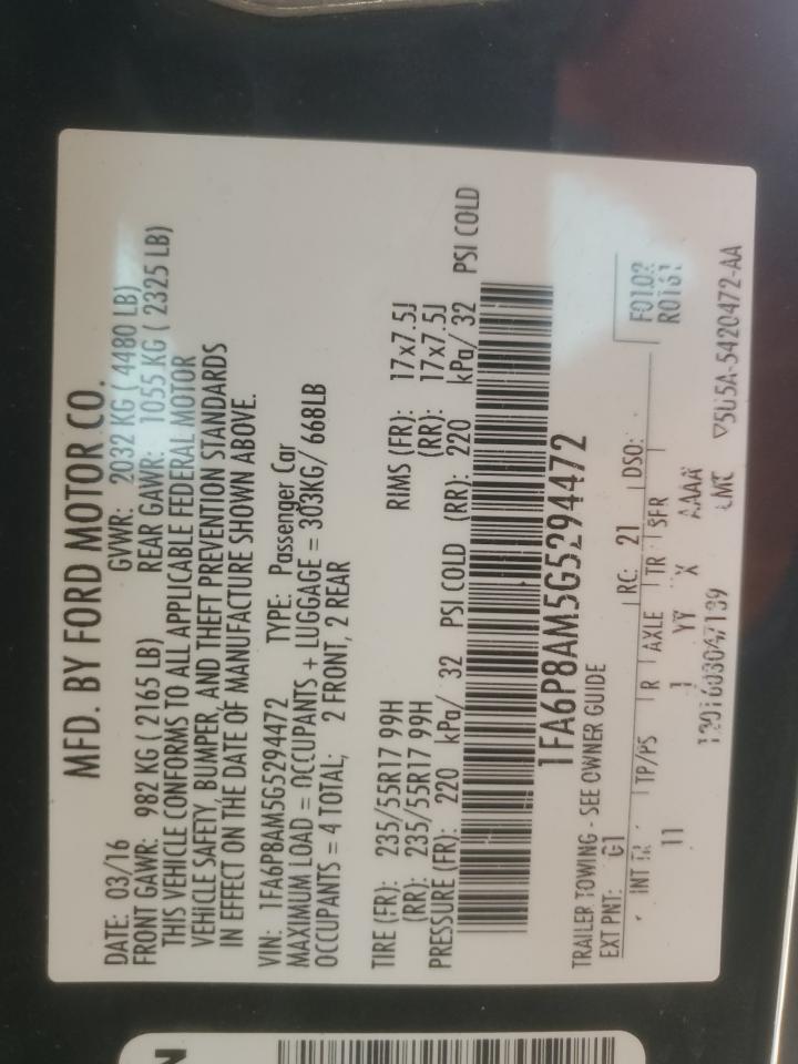 2016 Ford Mustang VIN: 1FA6P8AM5G5294472 Lot: 92158465