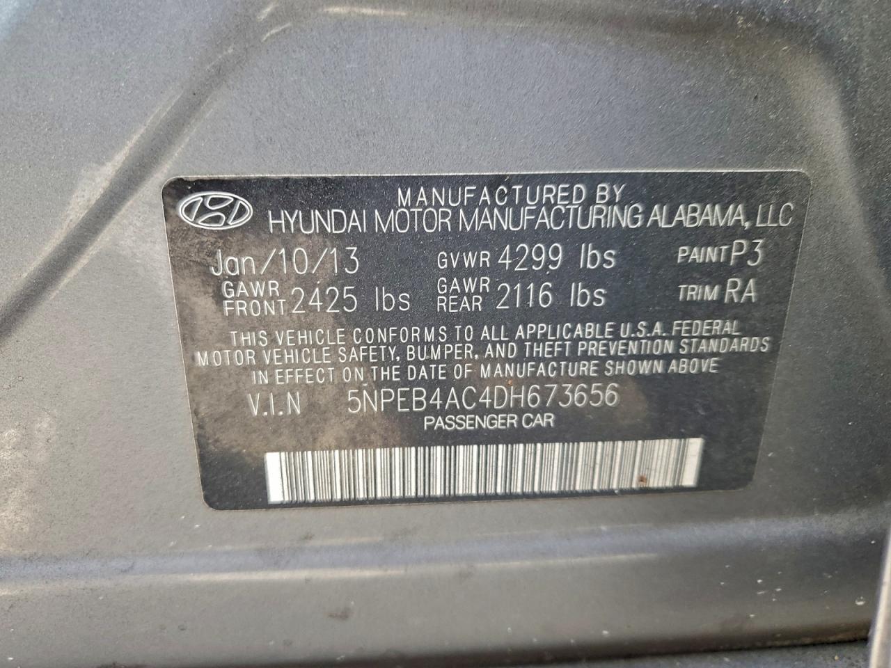 2013 Hyundai Sonata Gls VIN: 5NPEB4AC4DH673656 Lot: 94385495