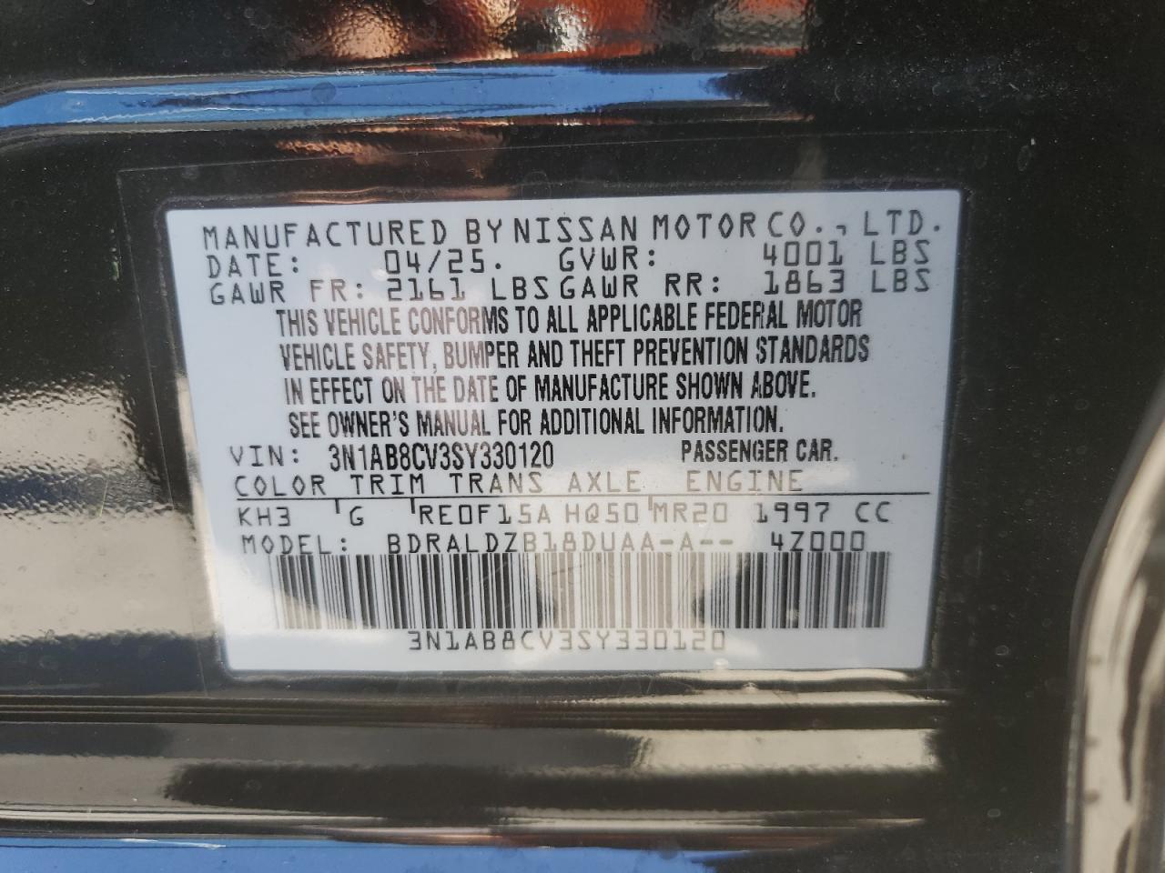 2025 Nissan Sentra Sv VIN: 3N1AB8CV3SY330120 Lot: 92844585