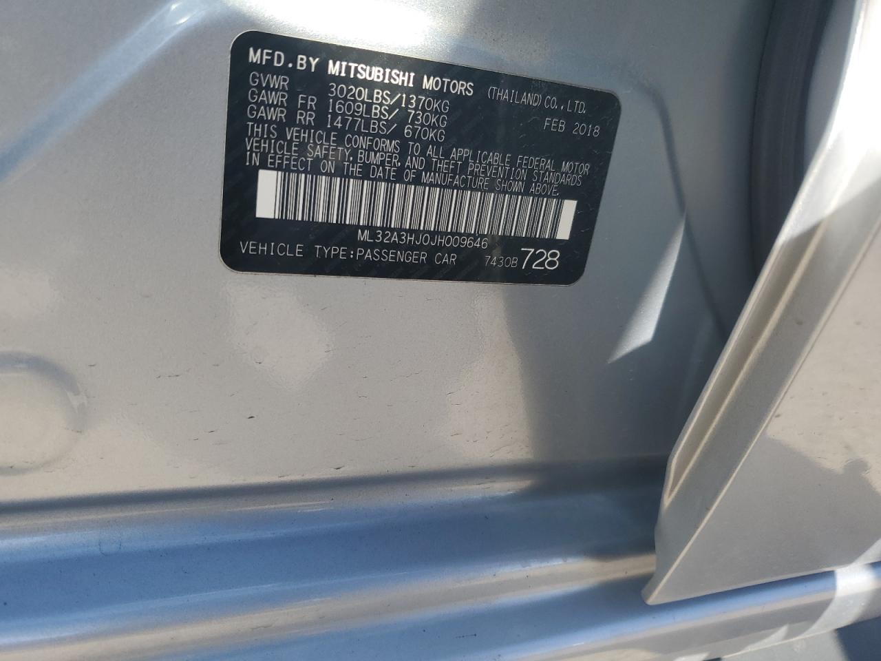 2018 Mitsubishi Mirage Es VIN: ML32A3HJ0JH009646 Lot: 92858605