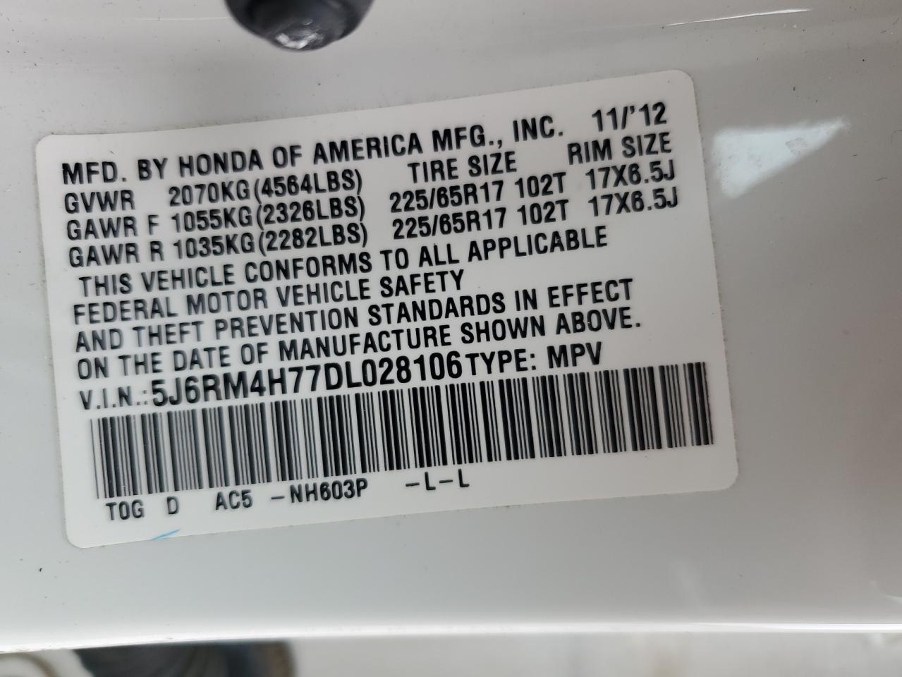 2013 Honda Cr-V Exl VIN: 5J6RM4H77DL028106 Lot: 93002395