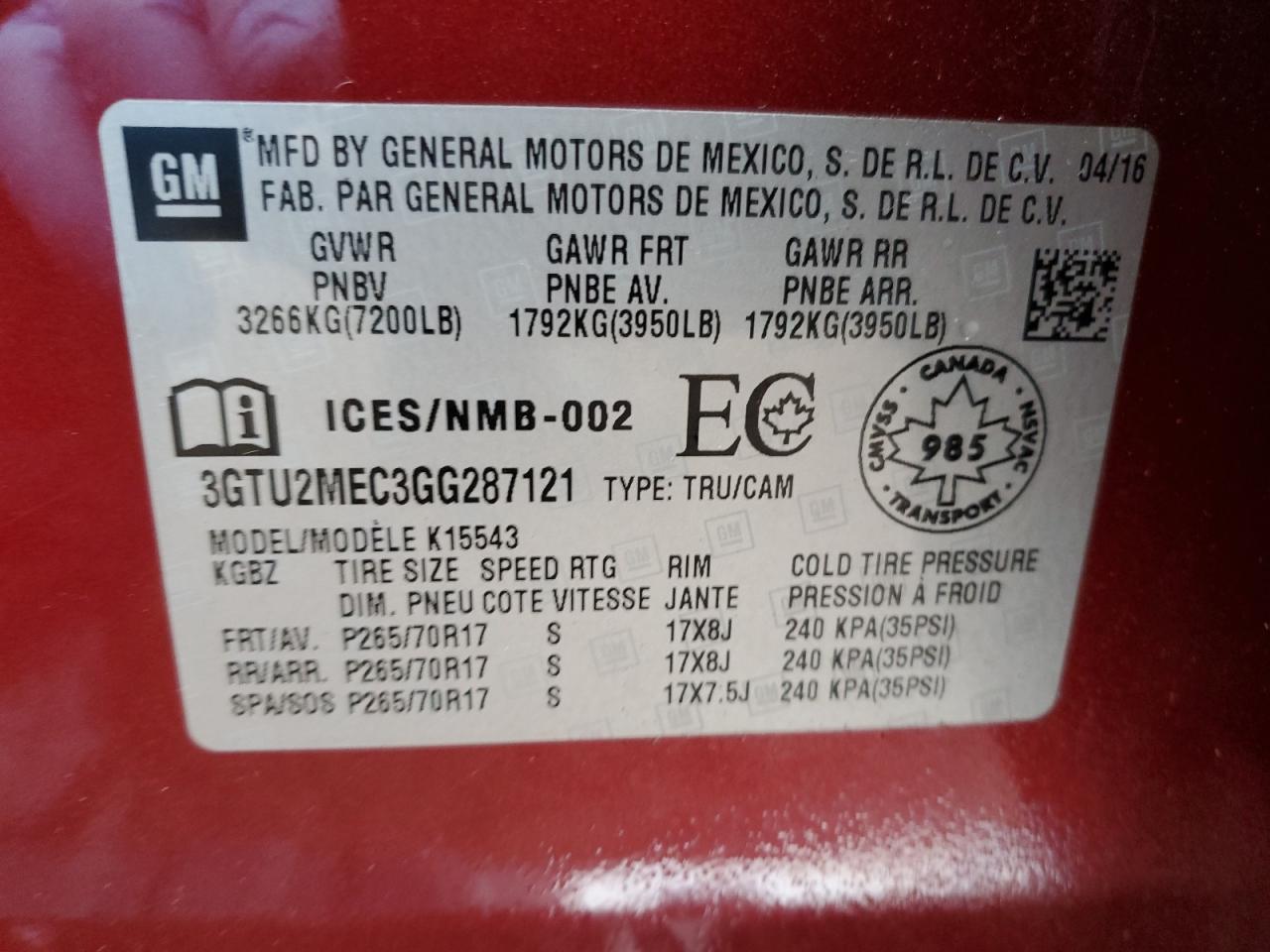 2016 GMC Sierra K1500 Sle VIN: 3GTU2MEC3GG287121 Lot: 93226355