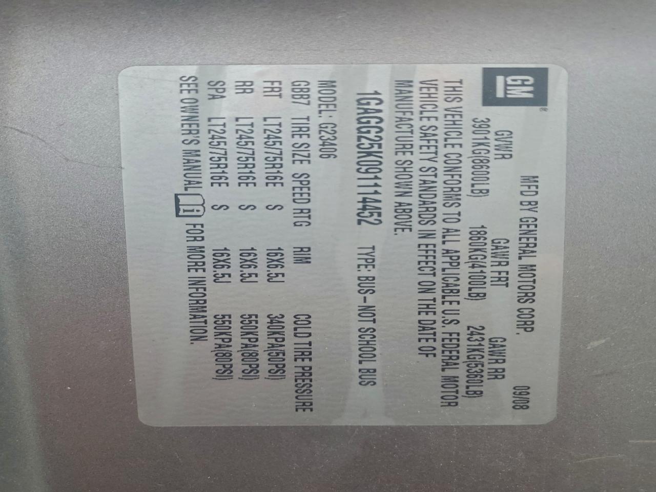 2009 Chevrolet Express G2500 VIN: 1GAGG25K091114452 Lot: 93632395