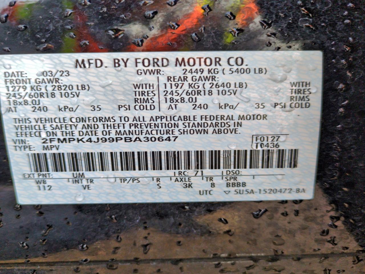 2023 Ford Edge Sel VIN: 2FMPK4J99PBA30647 Lot: 94115915