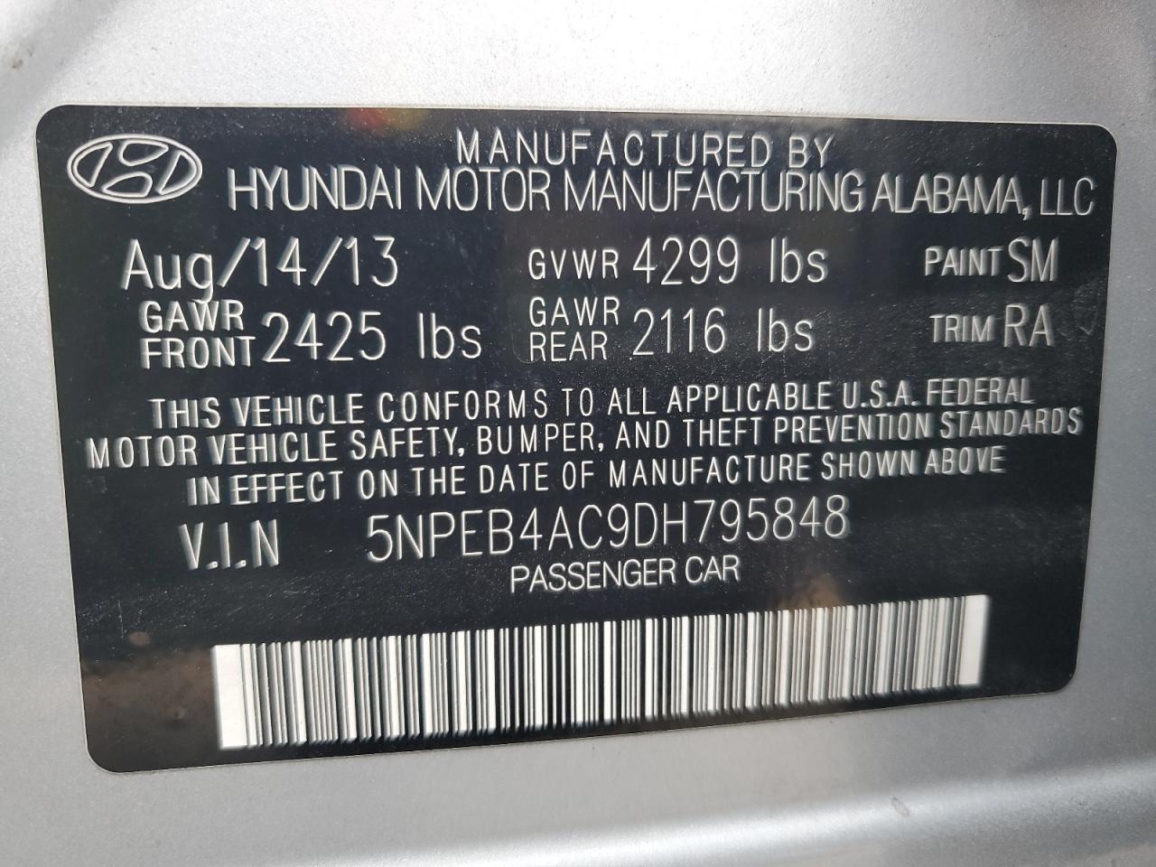 2013 Hyundai Sonata Gls VIN: 5NPEB4AC9DH795848 Lot: 93154115