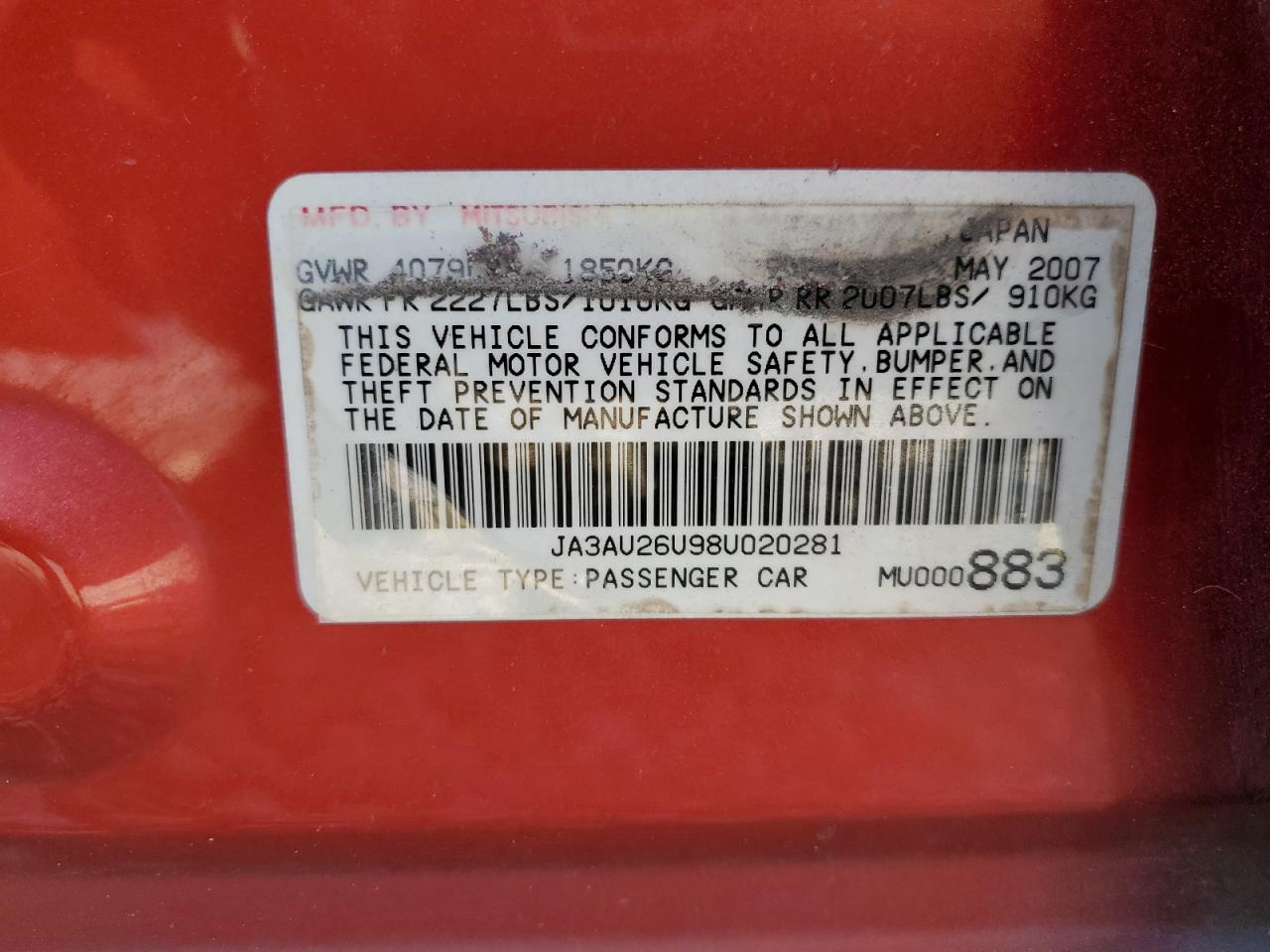 2008 Mitsubishi Lancer Es VIN: JA3AU26U98U020281 Lot: 93034845