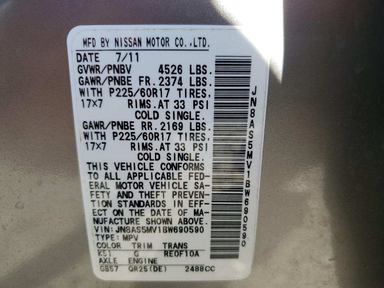 2011 Nissan Rogue S VIN: JN8AS5MV1BW690590 Lot: 93218155