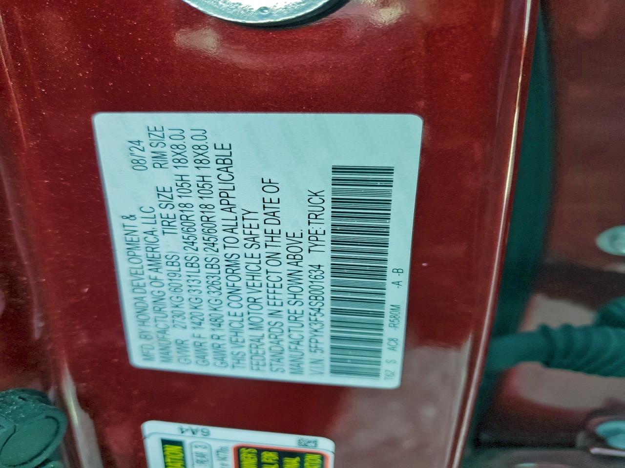 2025 Honda Ridgeline Rtl VIN: 5FPYK3F54SB001634 Lot: 94219605