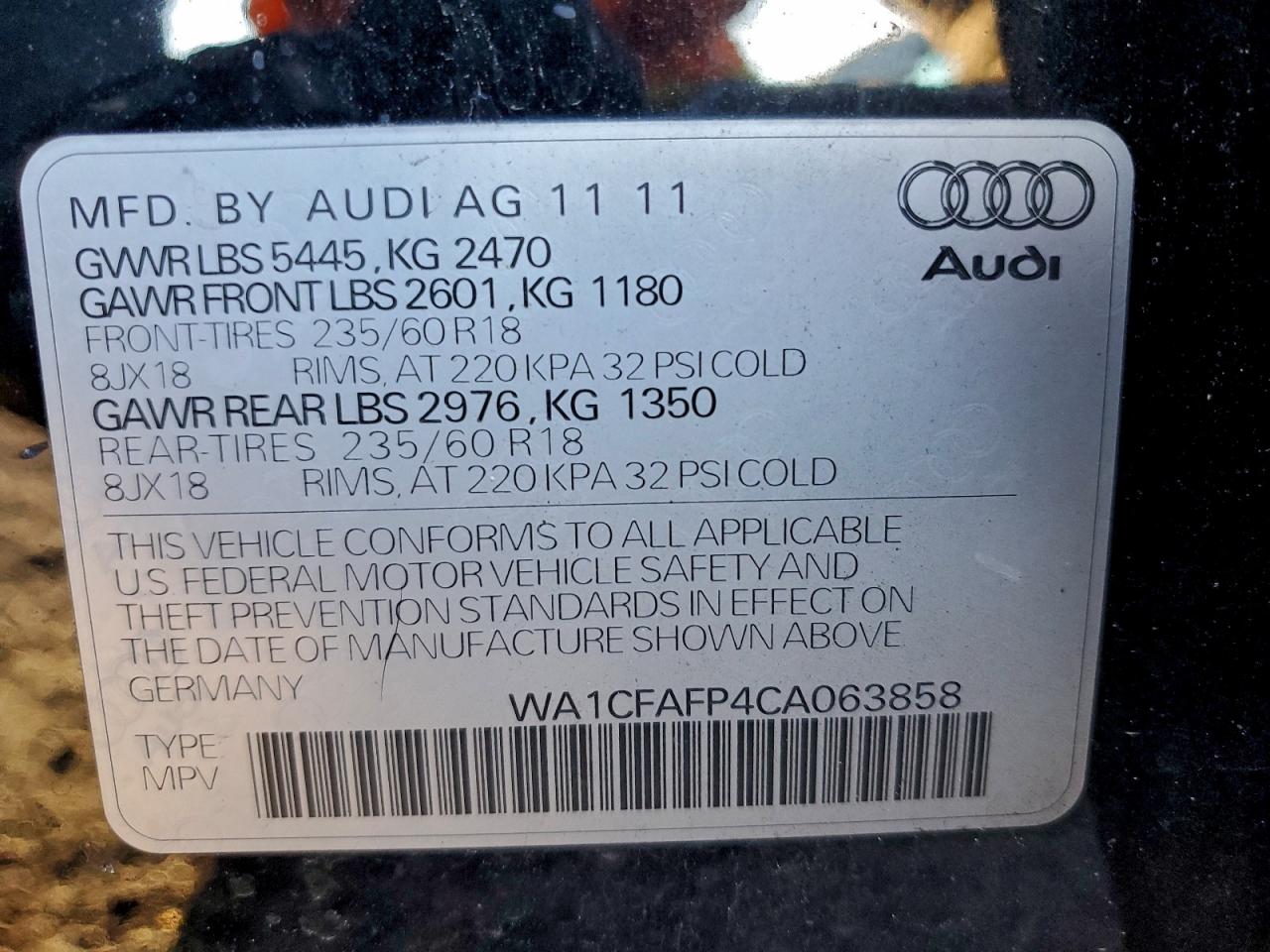 2012 Audi Q5 Premium VIN: WA1CFAFP4CA063858 Lot: 93702055