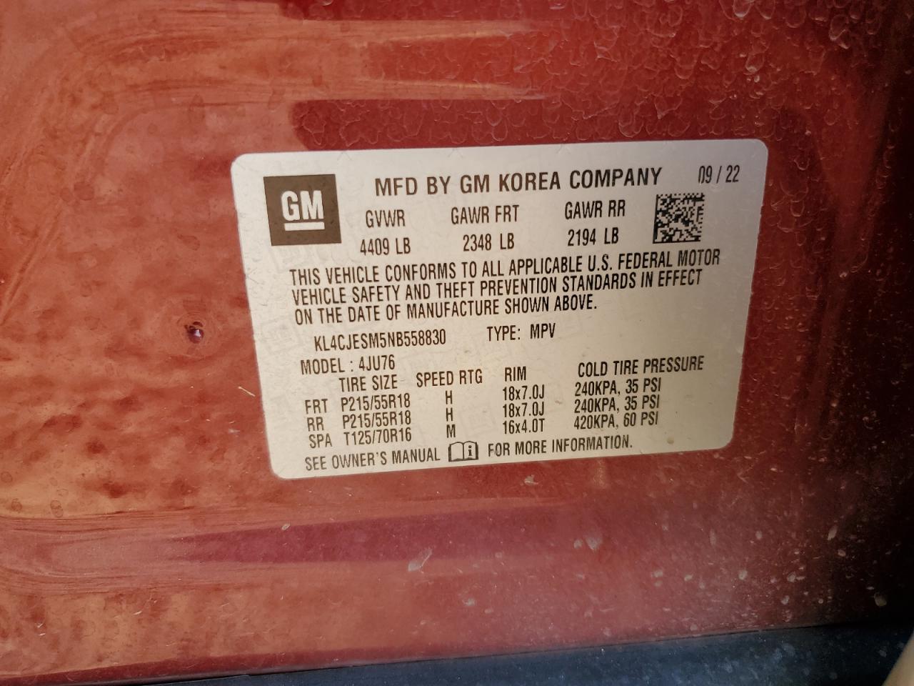 2022 Buick Encore Preferred VIN: KL4CJESM5NB558830 Lot: 91427805