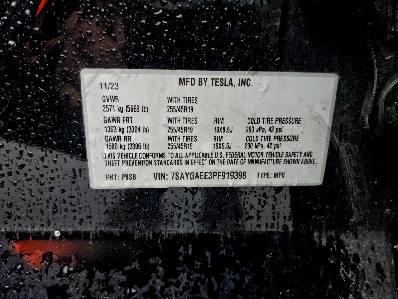 2023 Tesla Model Y VIN: 7SAYGAEE3PF919398 Lot: 91910955