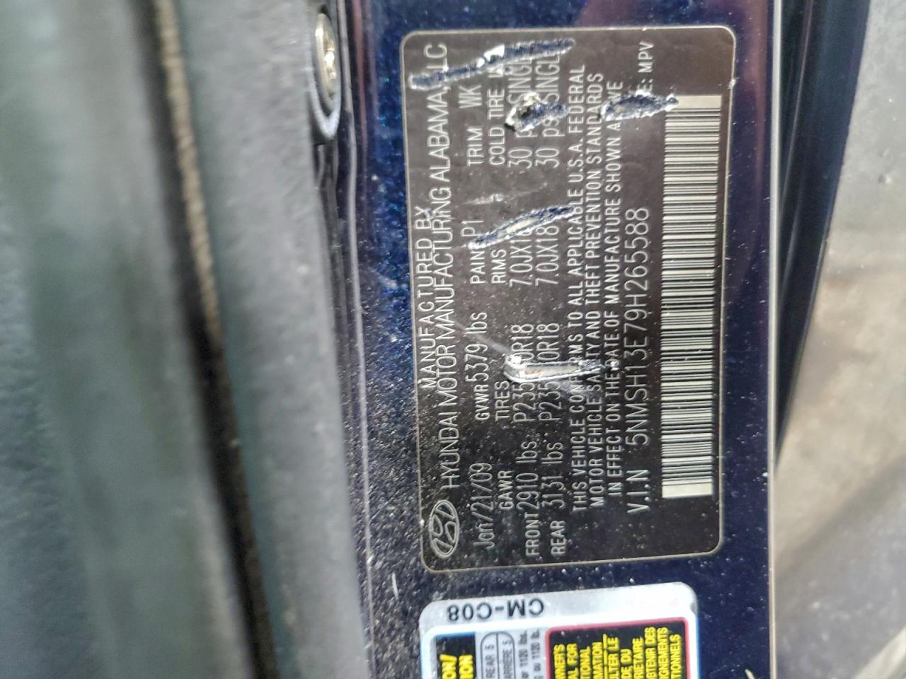 2009 Hyundai Santa Fe Se VIN: 5NMSH13E79H265588 Lot: 94673625