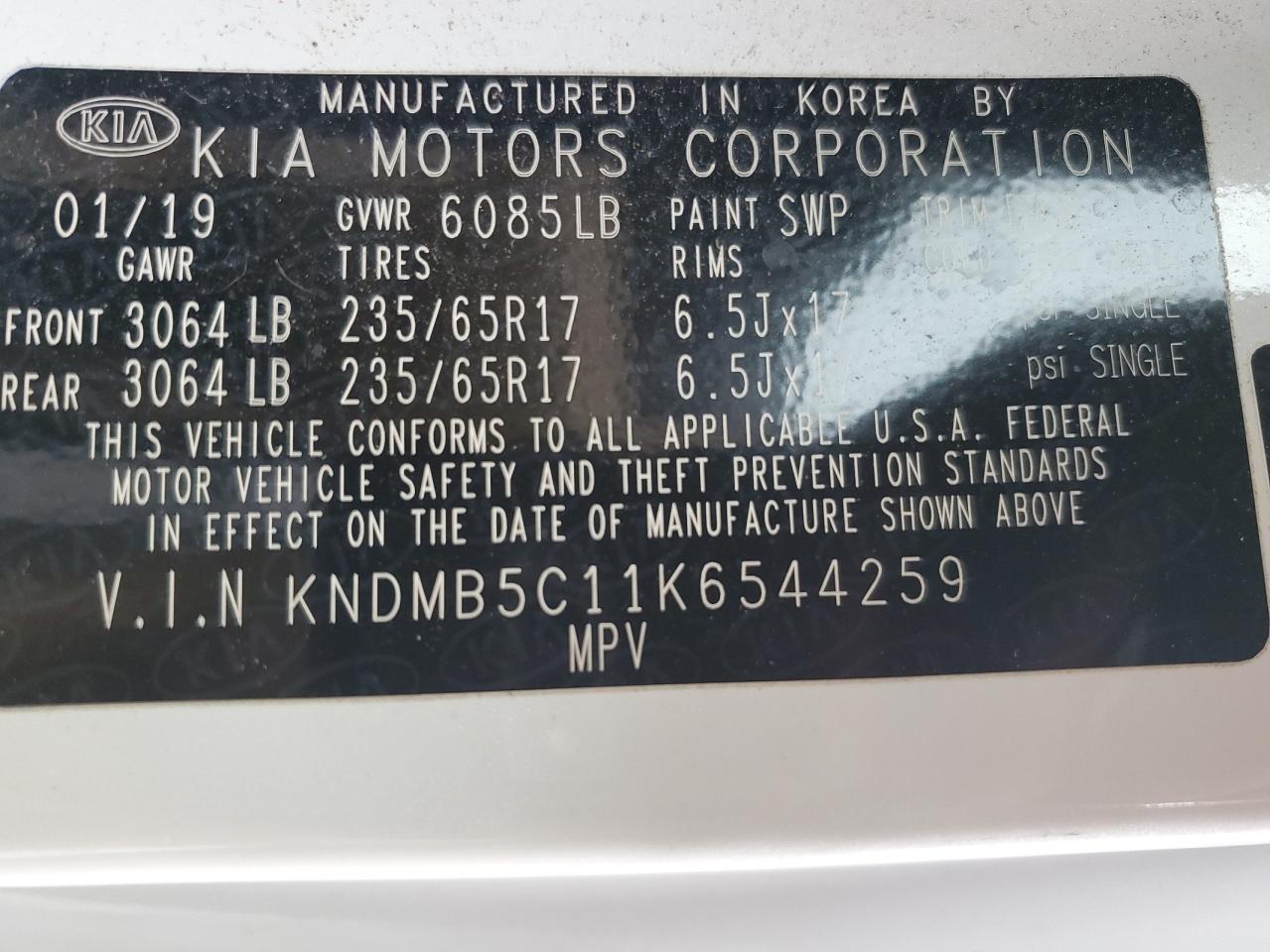 2019 Kia Sedona Lx VIN: KNDMB5C11K6544259 Lot: 92113075