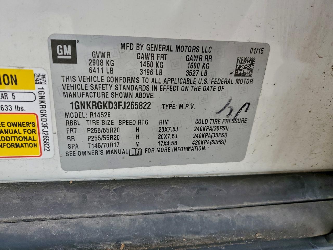 2015 Chevrolet Traverse Lt VIN: 1GNKRGKD3FJ265822 Lot: 94444585