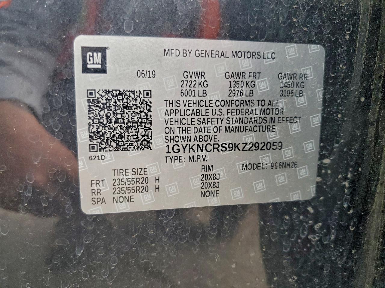 2019 Cadillac Xt5 Luxury VIN: 1GYKNCRS9KZ292059 Lot: 94379255