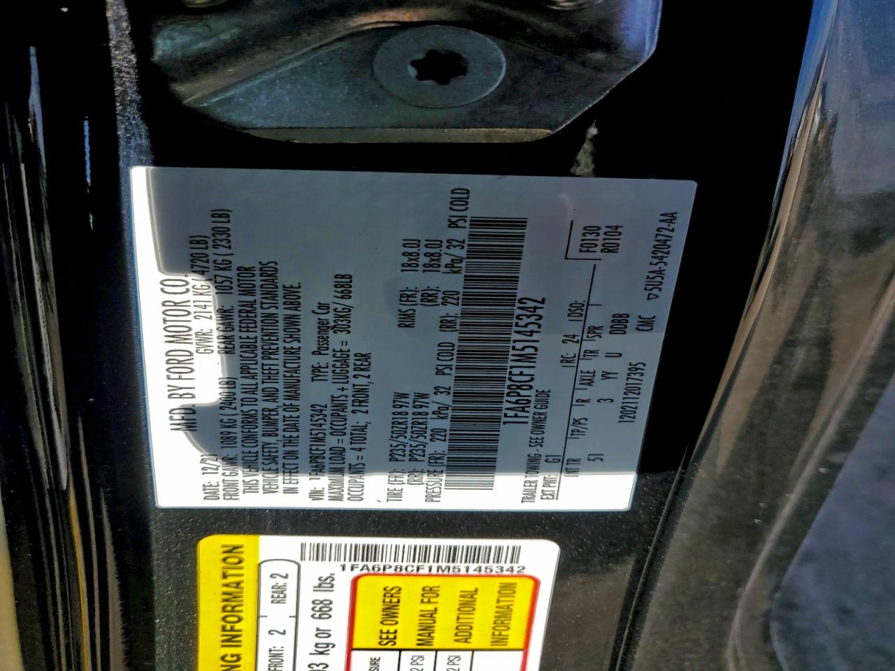 2021 Ford Mustang Gt VIN: 1FA6P8CF1M5145342 Lot: 94148895