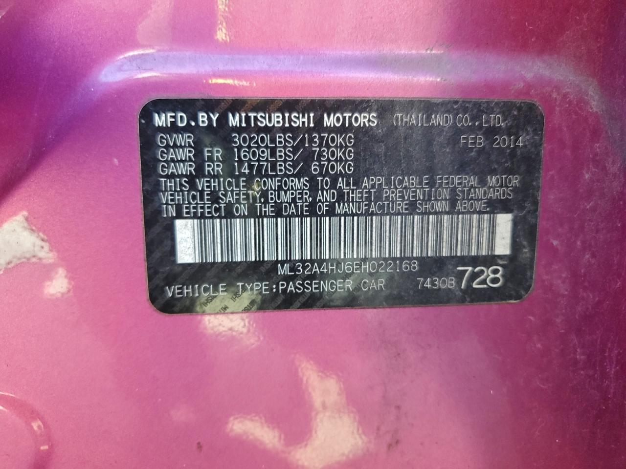 2014 Mitsubishi Mirage Es VIN: ML32A4HJ6EH022168 Lot: 93607745