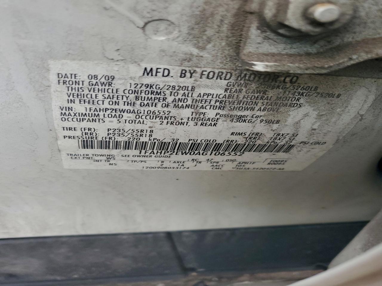 2010 Ford Taurus Sel VIN: 1FAHP2EW0AG106552 Lot: 93984155