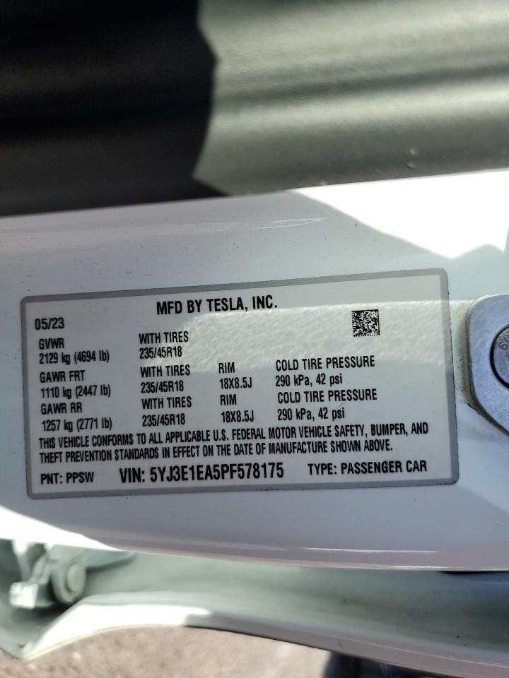 2023 Tesla Model 3 VIN: 5YJ3E1EA5PF578175 Lot: 91310005