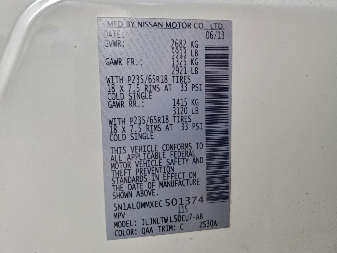 2014 Infiniti Qx60 VIN: 5N1AL0MMXEC501374 Lot: 94232845