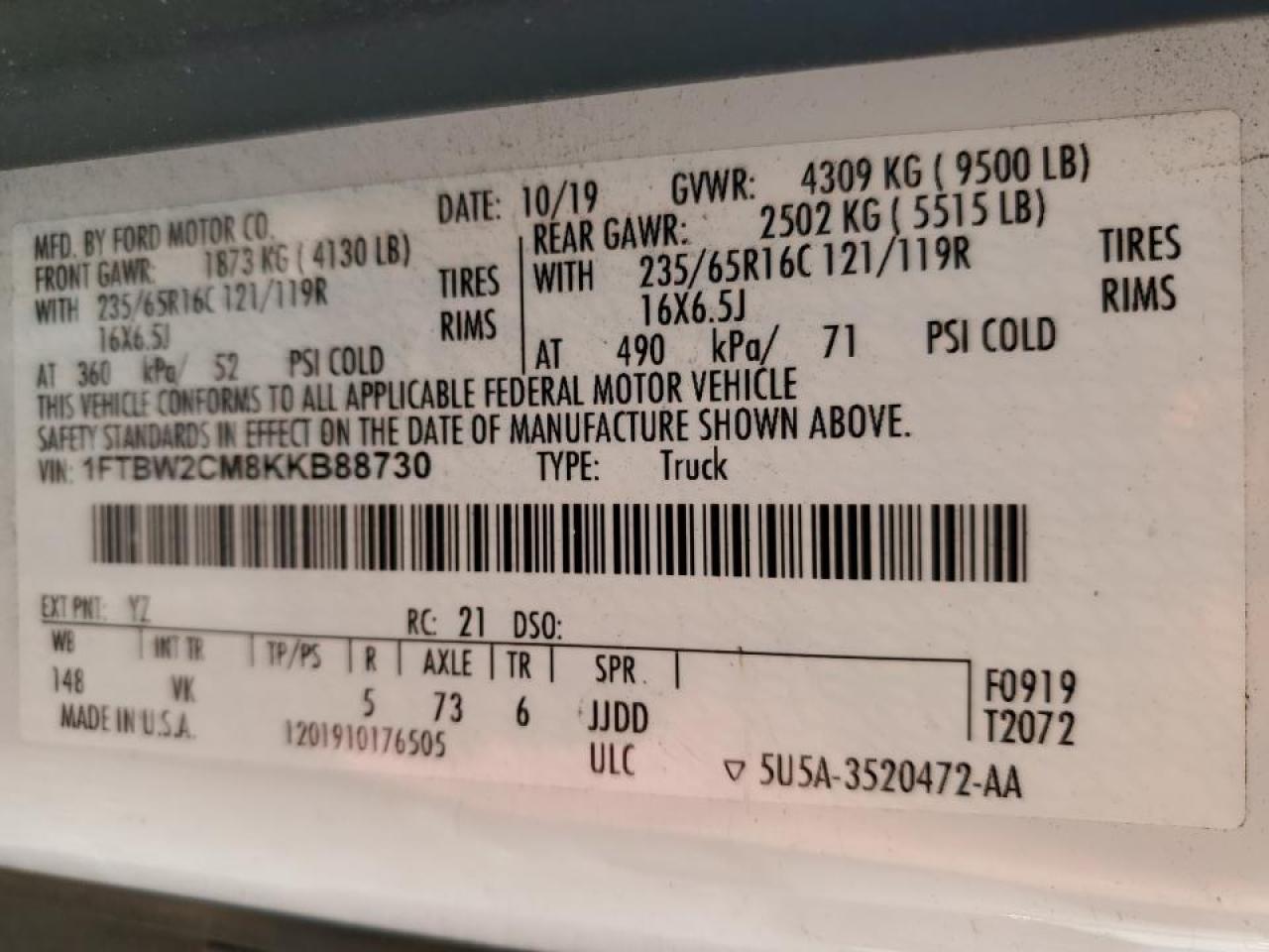 2019 Ford Transit 350 Delivery Van VIN: 1FTBW2CM8KKB88730 Lot: 91165965