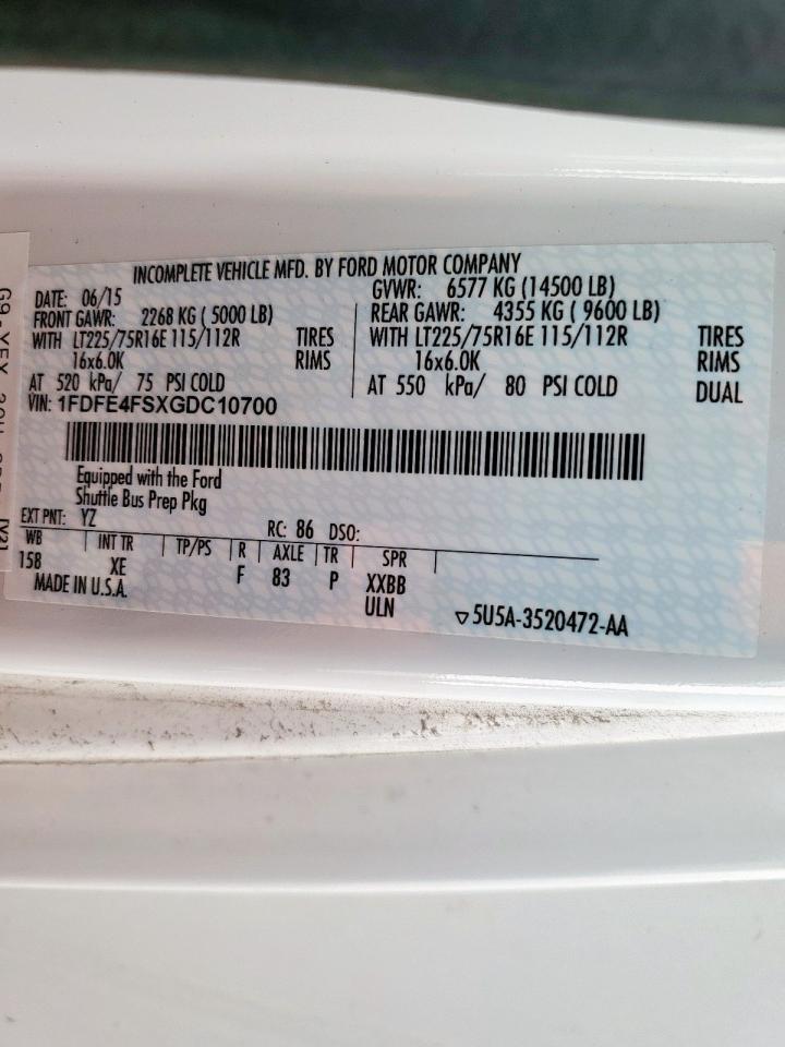 2016 Ford Econoline E450 Super Duty Cutaway Van VIN: 1FDFE4FSXGDC10700 Lot: 92642475