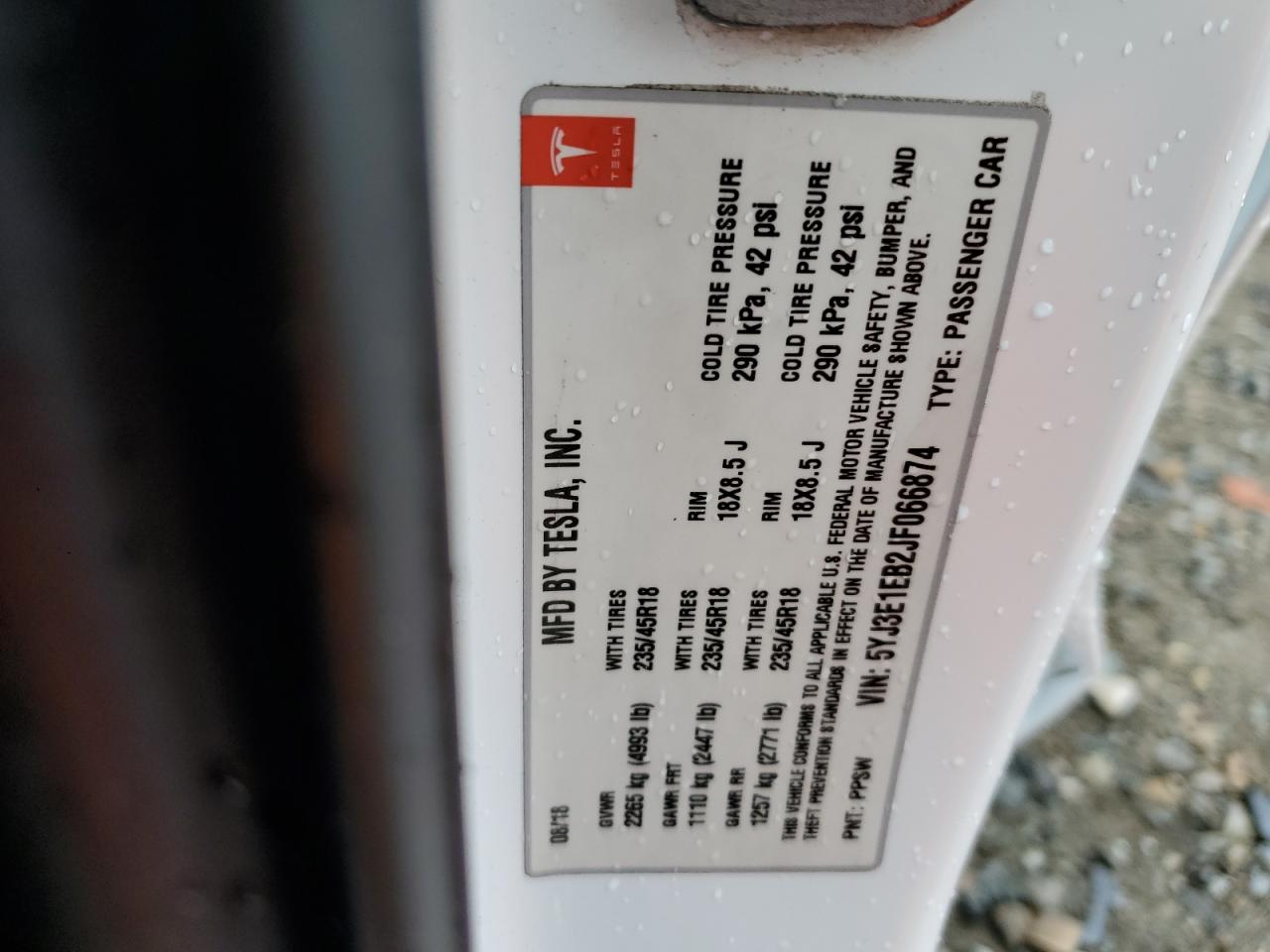 2018 Tesla Model 3 VIN: 5YJ3E1EB2JF066874 Lot: 91348725