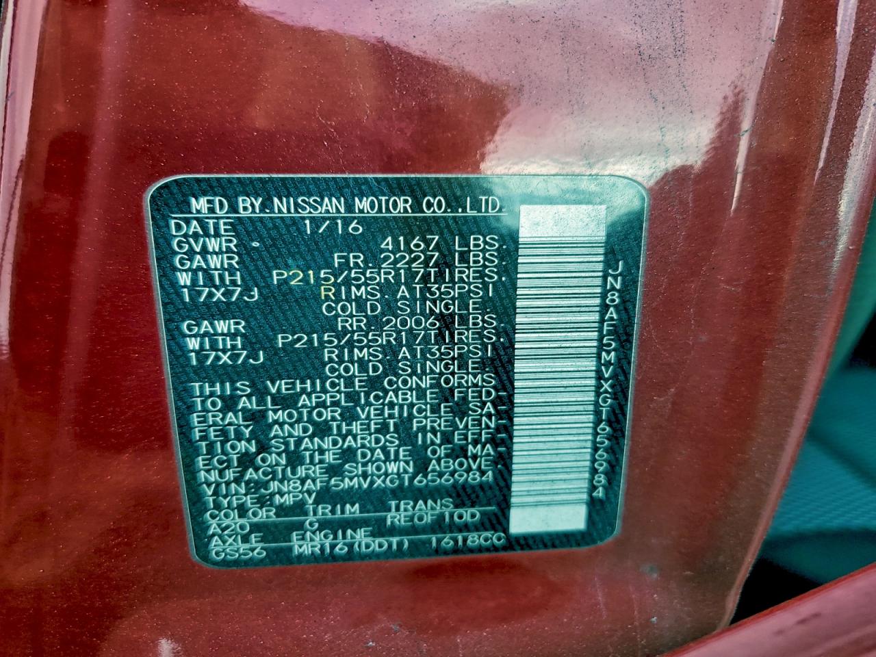 2016 Nissan Juke S VIN: JN8AF5MVXGT656984 Lot: 94476595