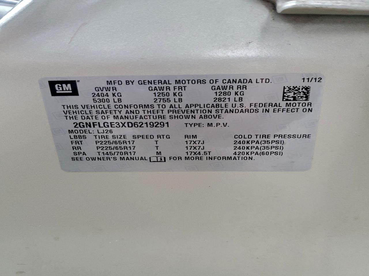 2013 Chevrolet Equinox Ltz VIN: 2GNFLGE3XD6219291 Lot: 94371775