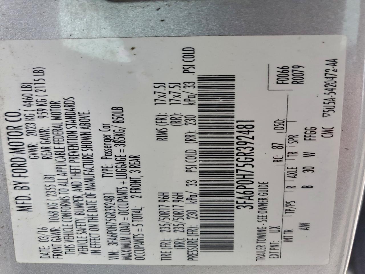 2016 Ford Fusion Se VIN: 3FA6P0H75GR392481 Lot: 93441455