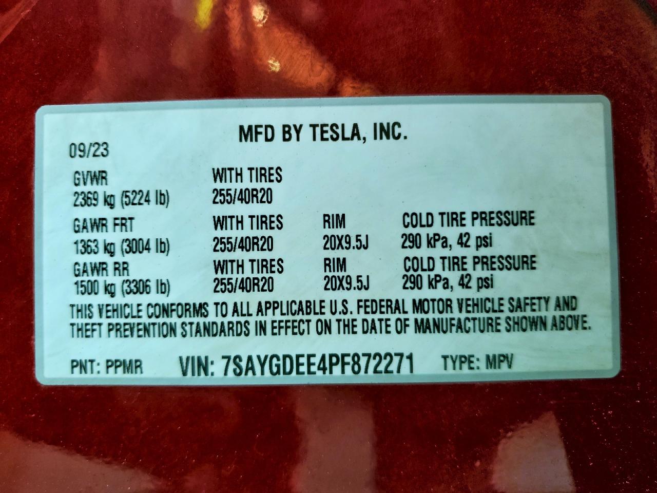 2023 Tesla Model Y VIN: 7SAYGDEE4PF872271 Lot: 94161325