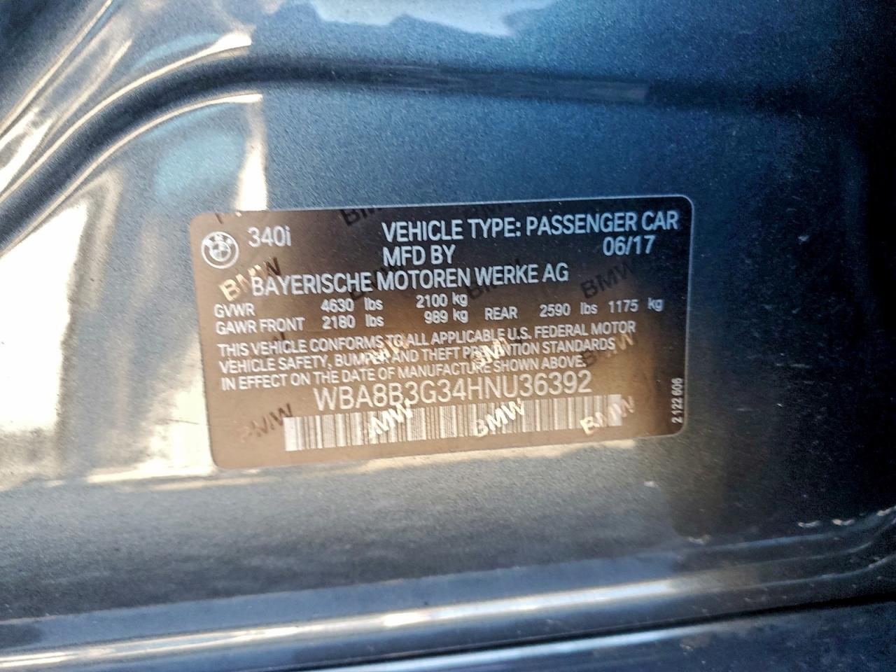 2017 BMW 340 I VIN: WBA8B3G34HNU36392 Lot: 94483975