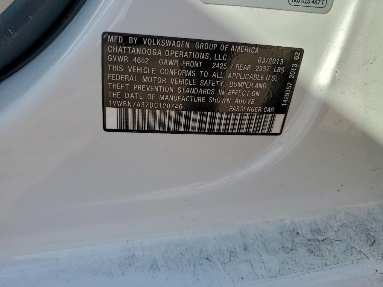 2013 Volkswagen Passat Se VIN: 1VWBN7A37DC120746 Lot: 94151915