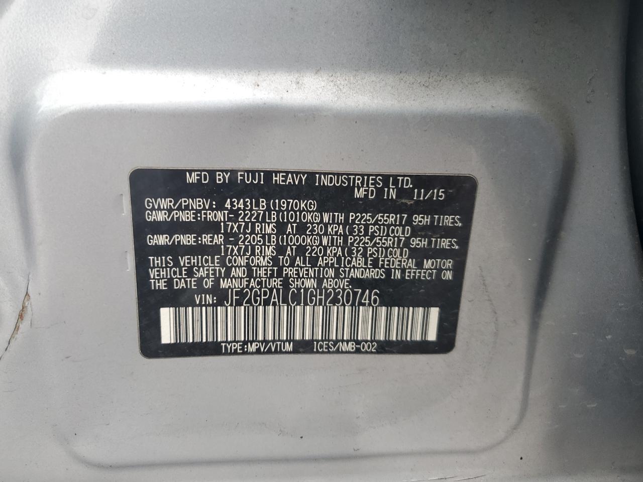 2016 Subaru Crosstrek Limited VIN: JF2GPALC1GH230746 Lot: 93392775