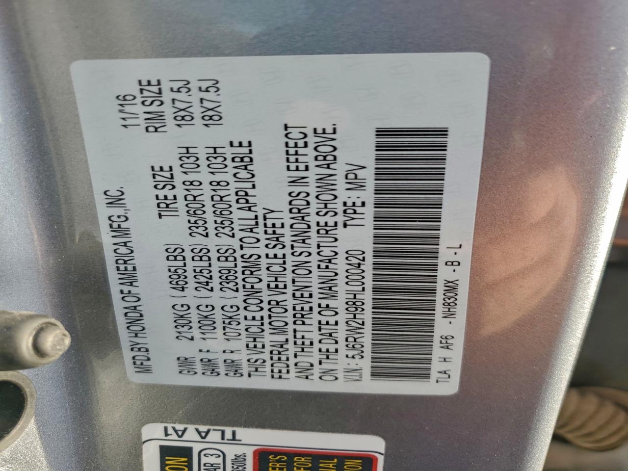 2017 Honda Cr-V Touring VIN: 5J6RW2H98HL000420 Lot: 94478095