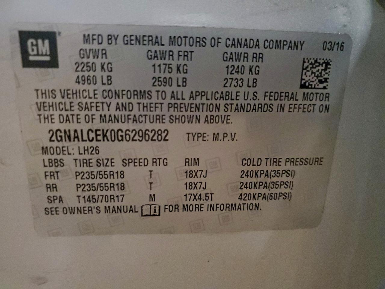 2016 Chevrolet Equinox Lt VIN: 2GNALCEK0G6296282 Lot: 94511965