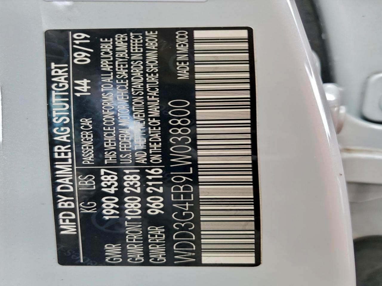 2020 Mercedes-Benz A 220 VIN: WDD3G4EB9LW038800 Lot: 93610365