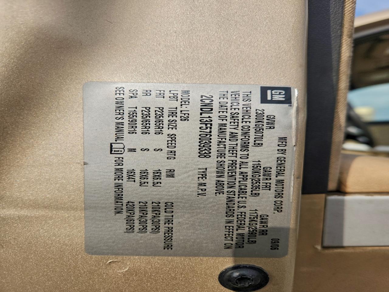 2007 Chevrolet Equinox Ls VIN: 2CNDL13F576039338 Lot: 92134535