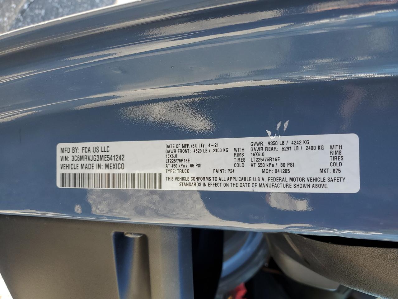 2021 Ram Promaster3500 Delivery Van VIN: 3C6MRVJG3ME541242 Lot: 90249645