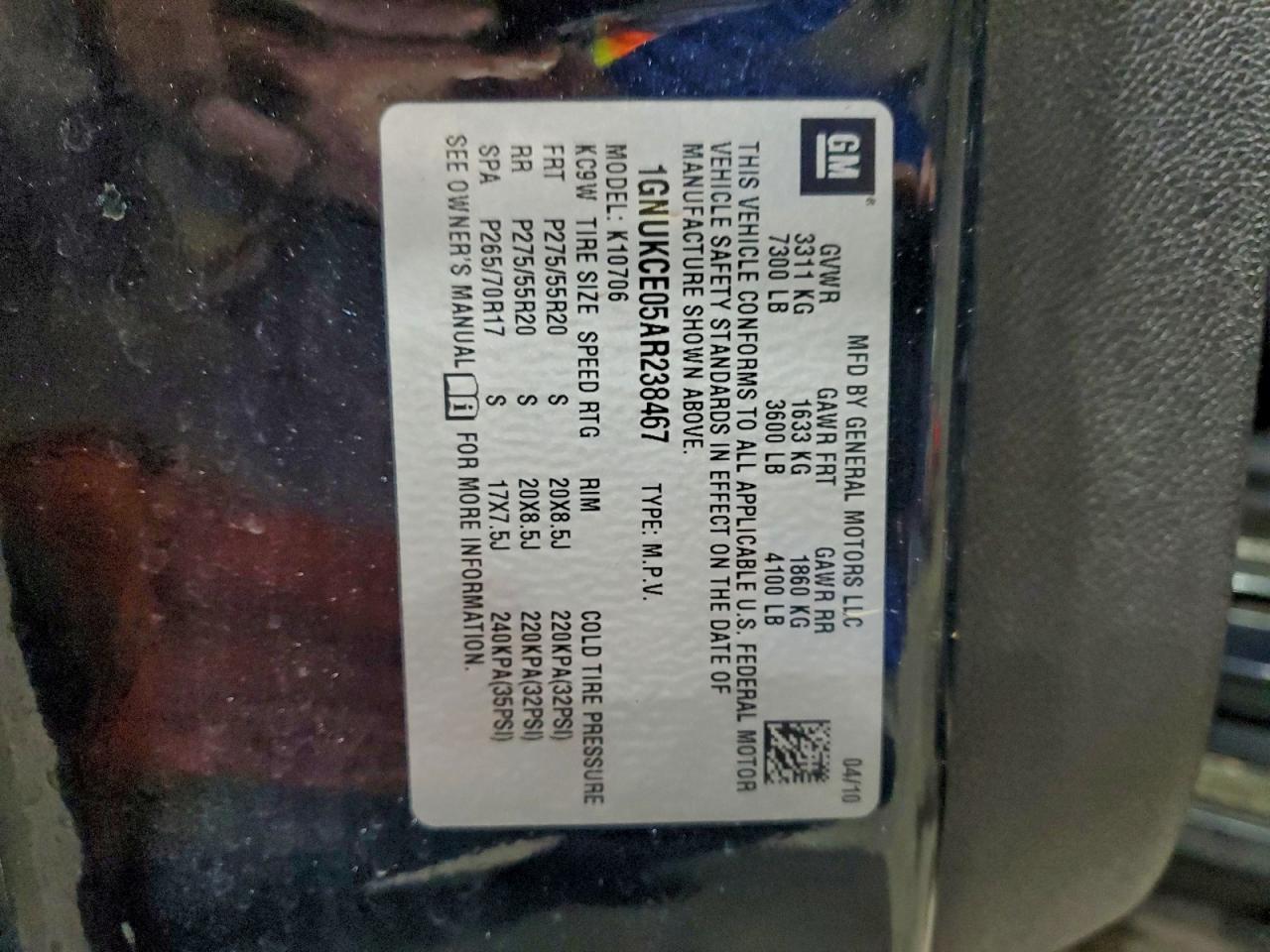 2010 Chevrolet Tahoe K1500 Ltz VIN: 1GNUKCE05AR238467 Lot: 93465335