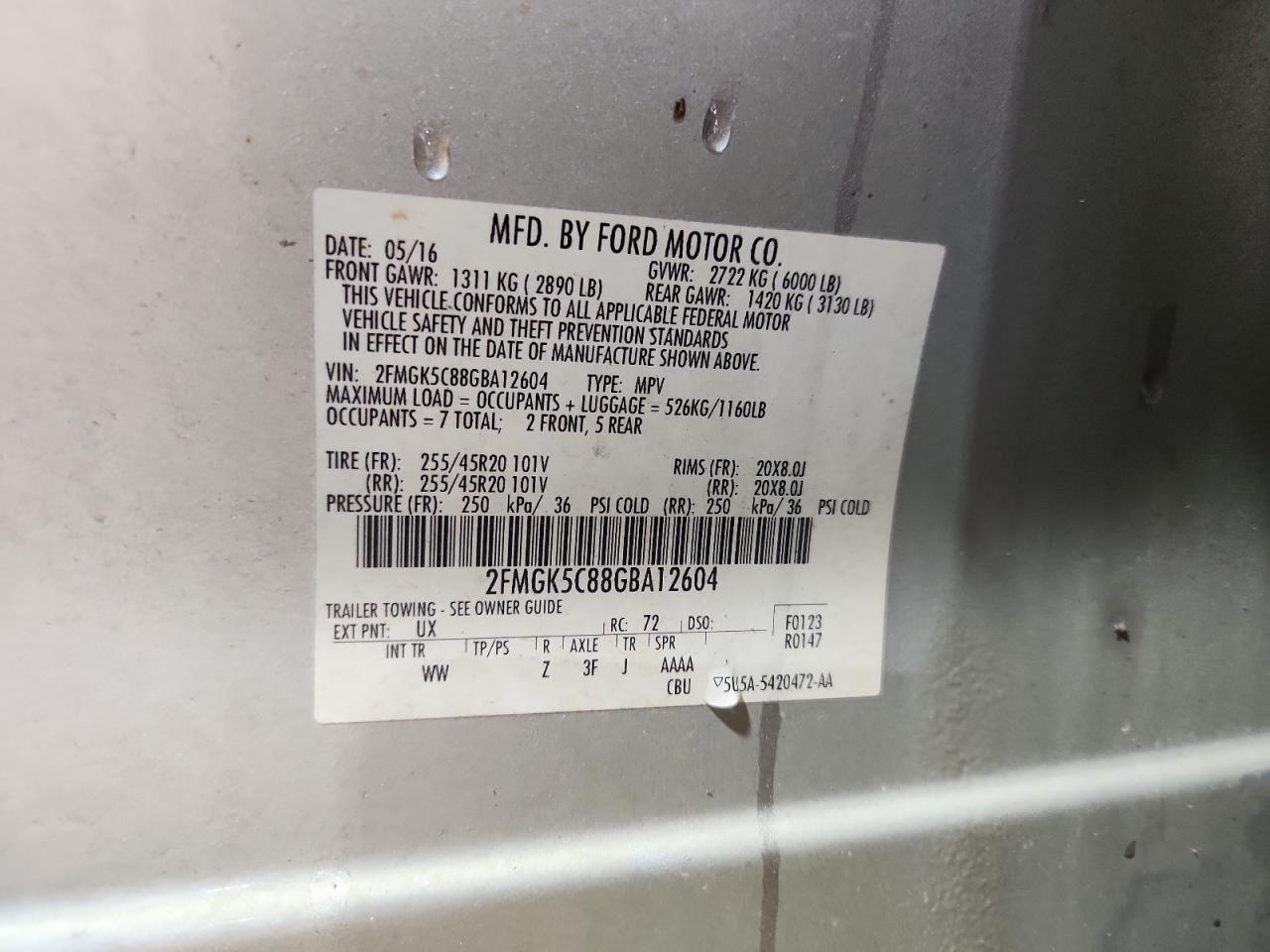 2016 Ford Flex Sel VIN: 2FMGK5C88GBA12604 Lot: 93712665