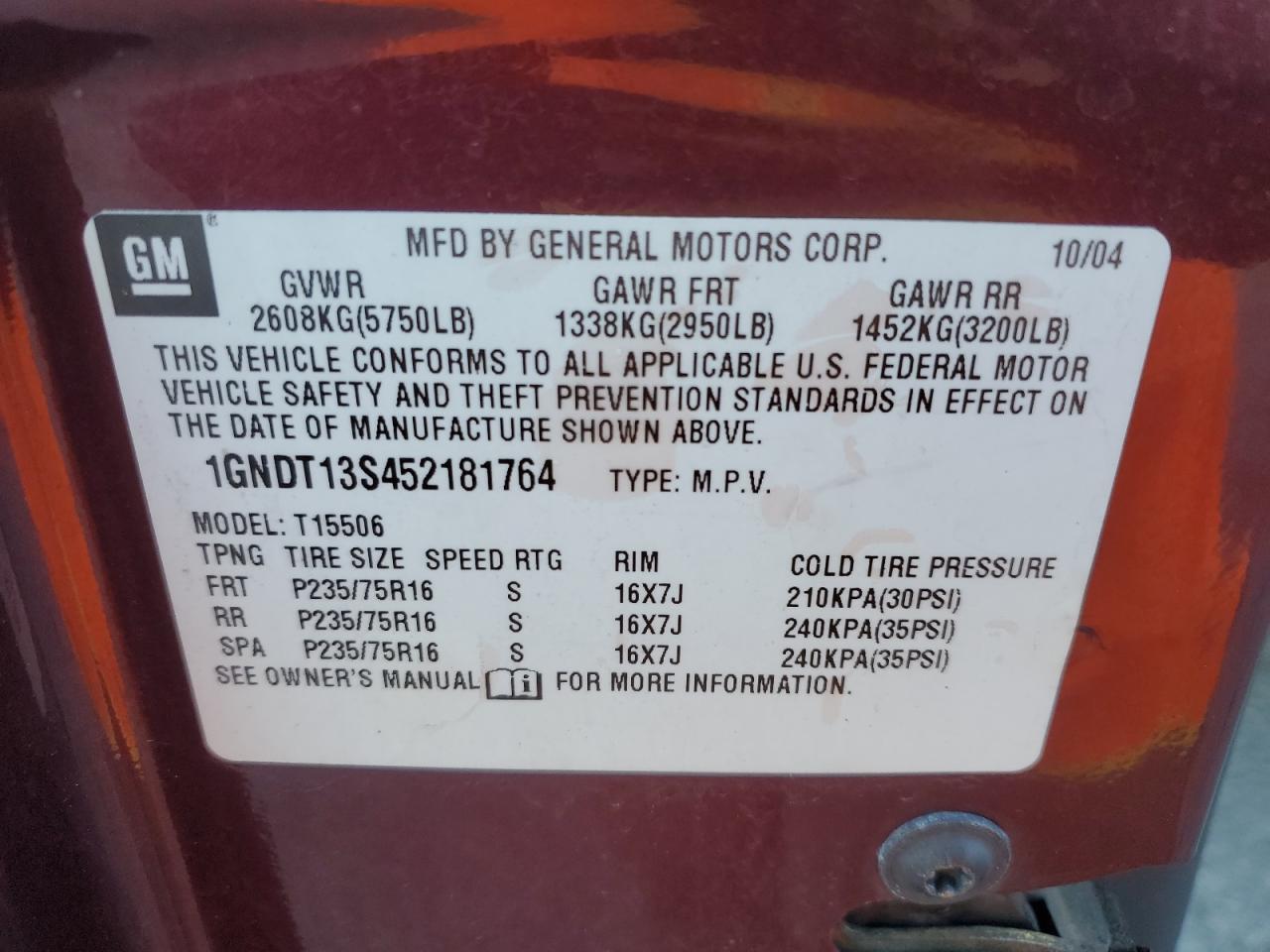 2005 Chevrolet Trailblazer Ls VIN: 1GNDT13S452181764 Lot: 92999725