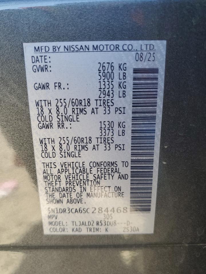 2025 Nissan Pathfinder Sl VIN: 5N1DR3CA6SC284468 Lot: 92480435