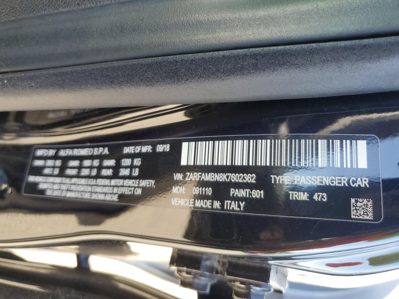 2019 Alfa Romeo Giulia Ti VIN: ZARFAMBN8K7602362 Lot: 91559885