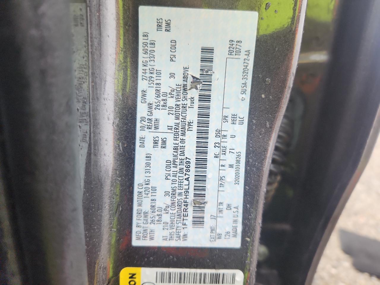 2020 Ford Ranger Xl VIN: 1FTER4FH9LLA78697 Lot: 93927115