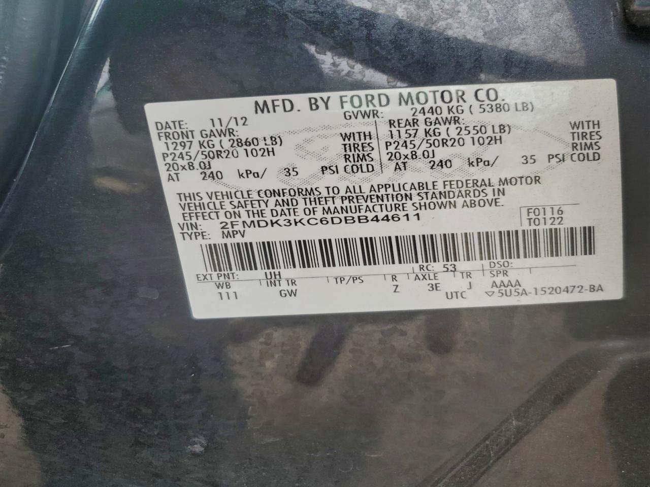 2013 Ford Edge Limited VIN: 2FMDK3KC6DBB44611 Lot: 93530265