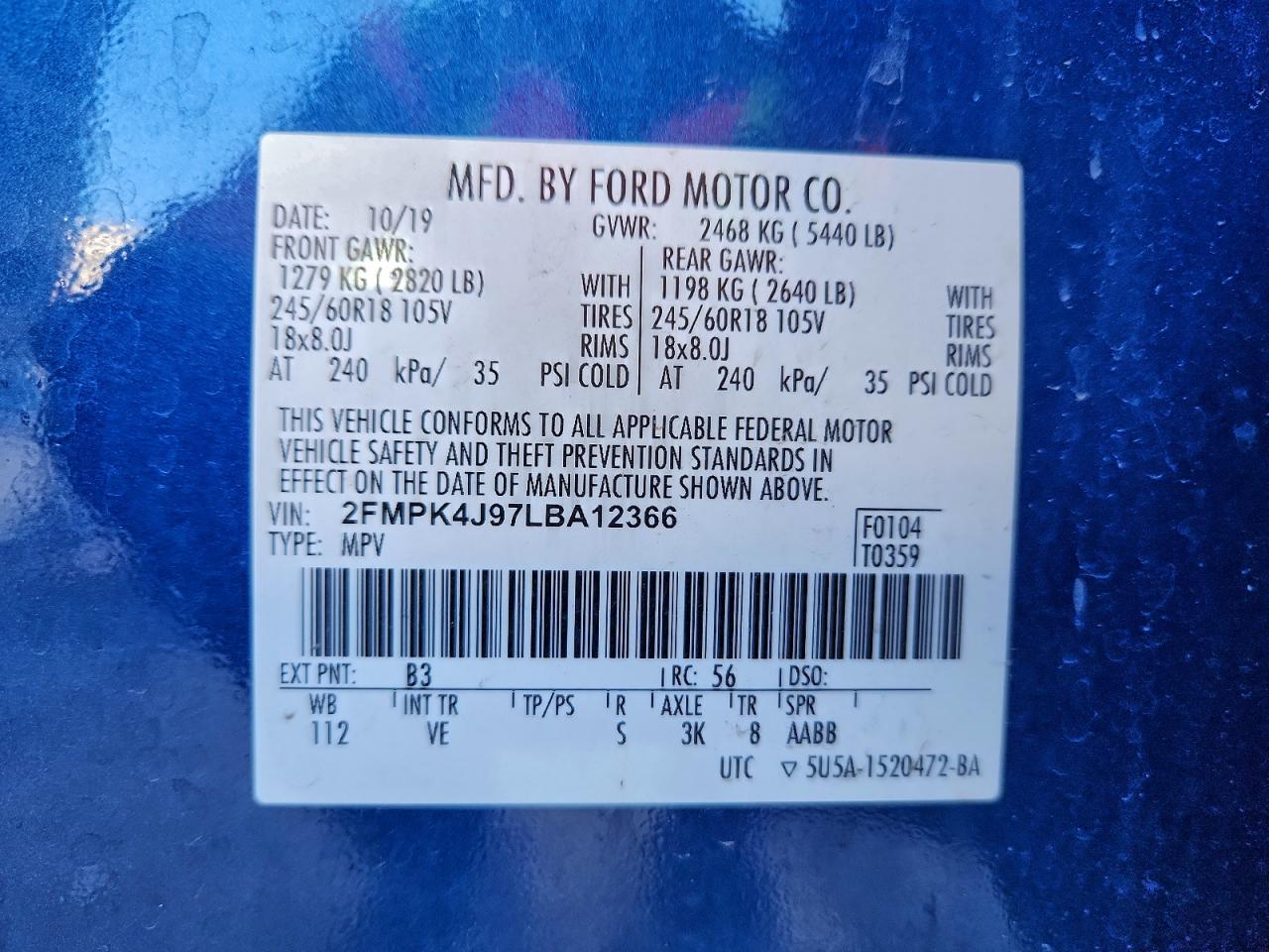 2020 Ford Edge Sel VIN: 2FMPK4J97LBA12366 Lot: 93961165