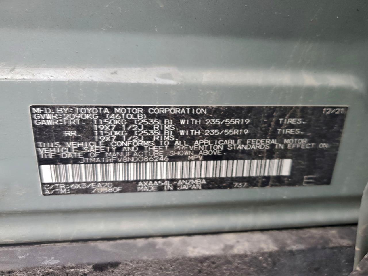 2022 Toyota Rav4 Xle Premium VIN: JTMA1RFV8ND086246 Lot: 93480795