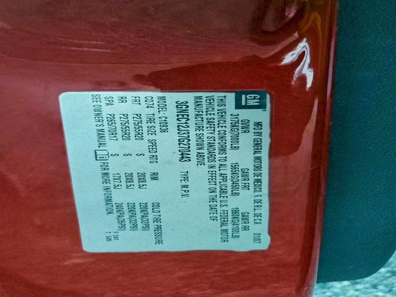 2007 Chevrolet Avalanche C1500 VIN: 3GNEC12J37G270443 Lot: 94350295