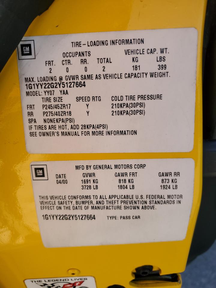 2000 Chevrolet Corvette VIN: 1G1YY22G2Y5127664 Lot: 91737095